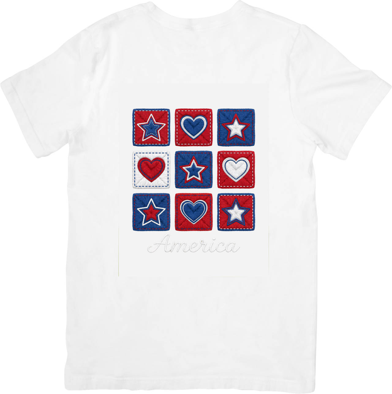 America Stars And Hearts T-Shirt | Patriotic Patchwork Graphic Tee | Fourth of July Gift