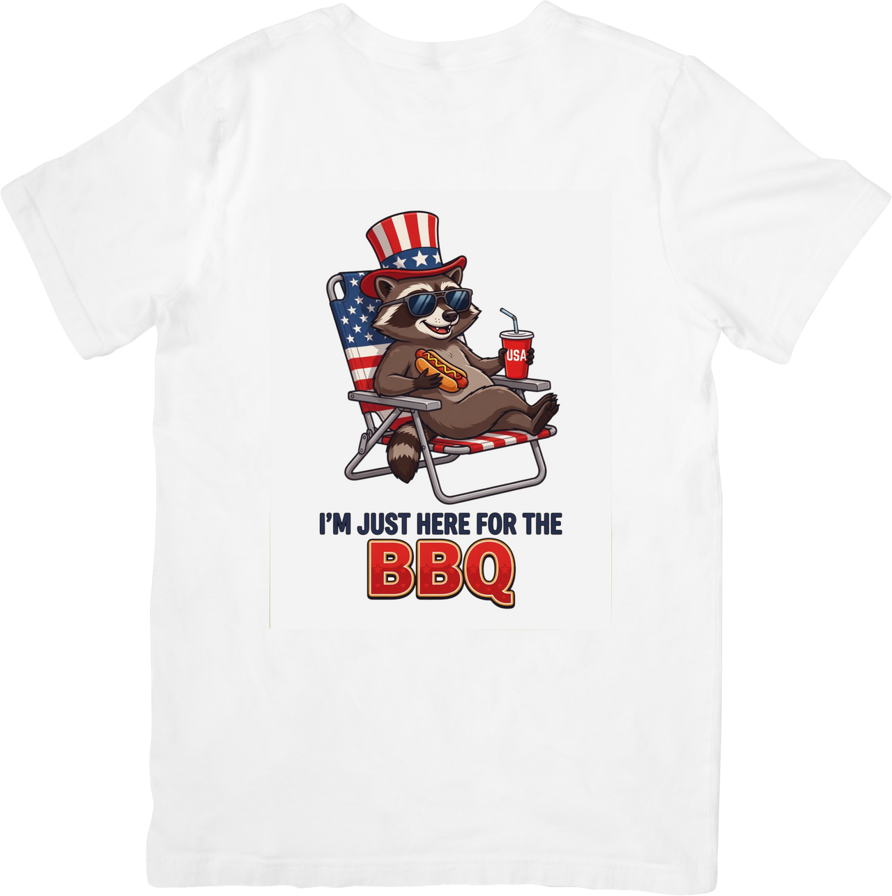 Here For The BBQ Patriotic Raccoon T-Shirt | Funny Fourth of July Graphic Tee | Independence Day Gift