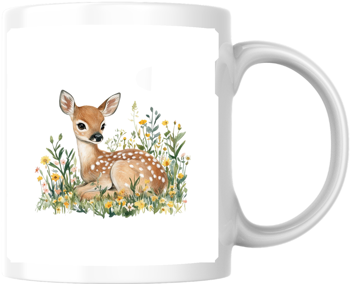 Baby Deer Wildflowers Mug | Watercolor Fawn Meadow Coffee Mug | Woodland Nursery Gift
